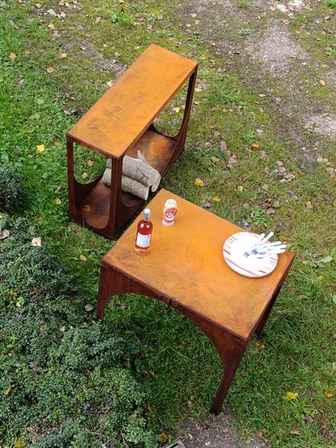 console BBQ et porte buche en acier corten, mobilier béton acier Metz